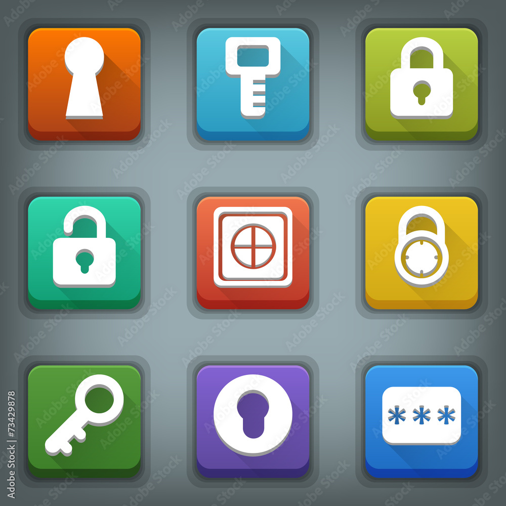 Flat icon set. White Symbols. Lock. Key. Password Flat icon set. White Symbols. Lock. Key. Password