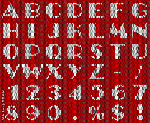 Red and white knitted Christmas alphabet template.