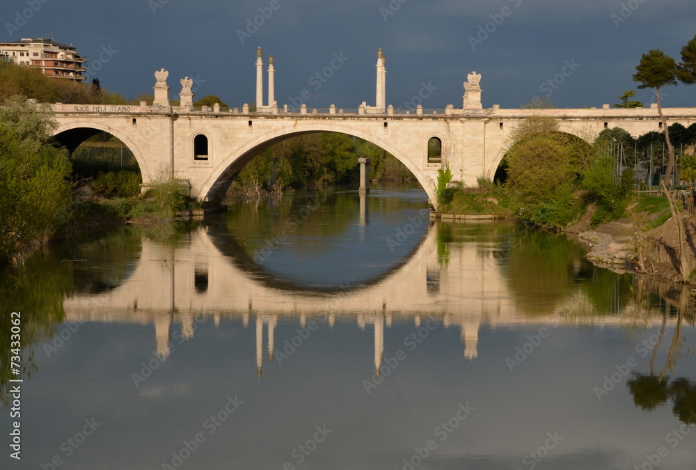 Reflections on the Tiber river, Rome, Italy. Flaminio bridge