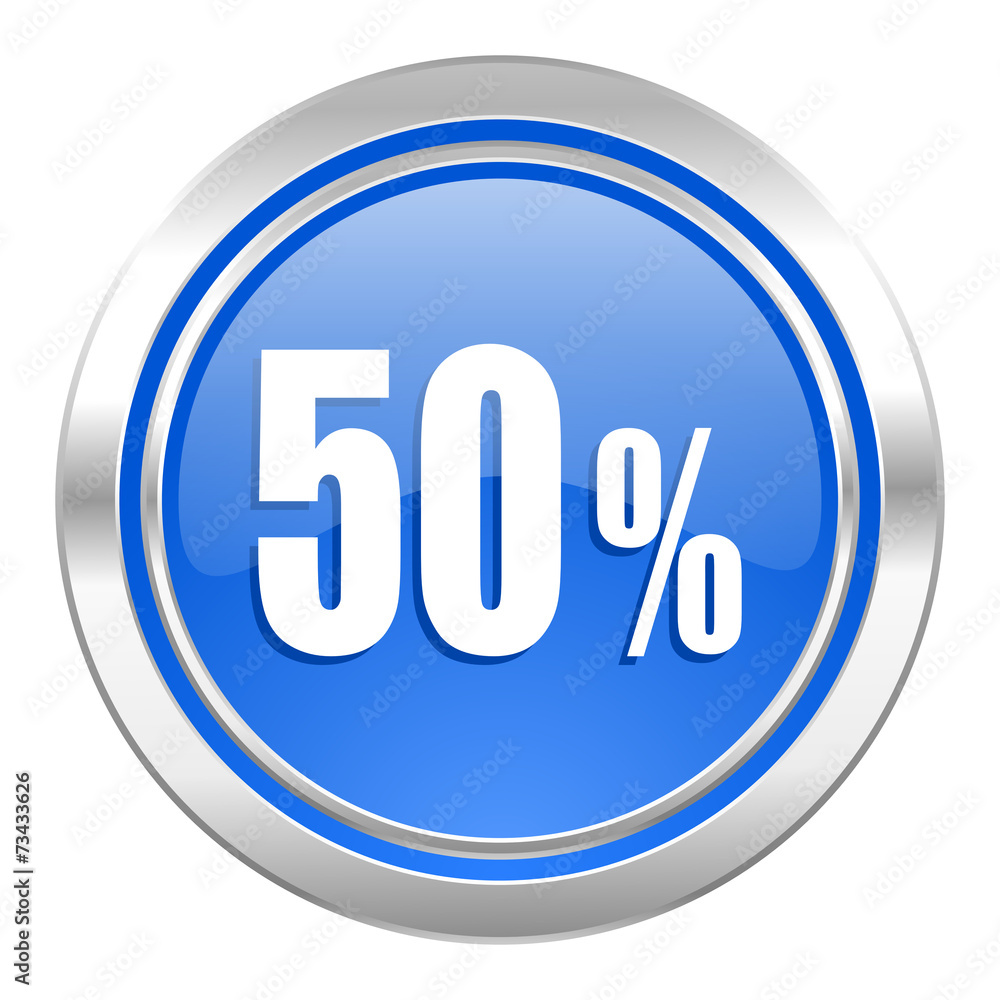50 percent icon, blue button, sale sign 50 percent icon, blue button, sale sign