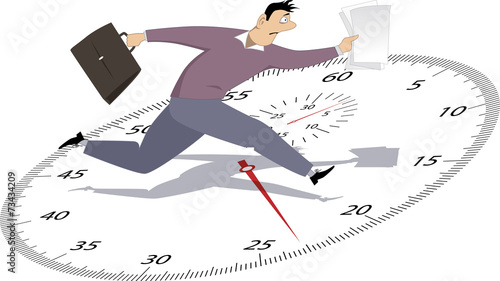 Stressed man running with papers on a stop-watch