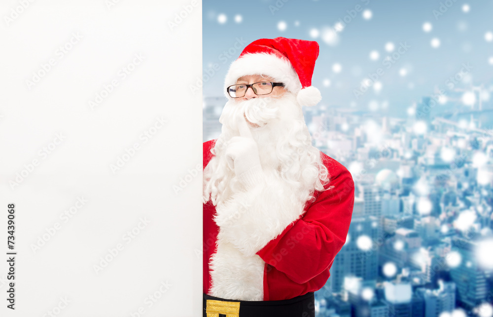 man in costume of santa claus with billboard