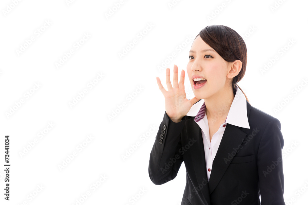 asian businesswoman yelling on white background asian businesswoman yelling on white background