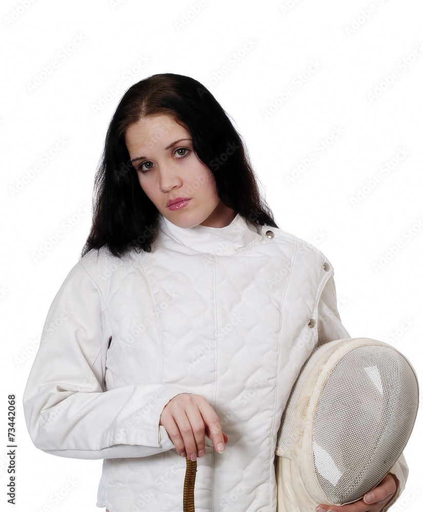 Woman Holding Fencing Mask Wearing Fencing Jacket Woman Holding Fencing Mask Wearing Fencing Jacket