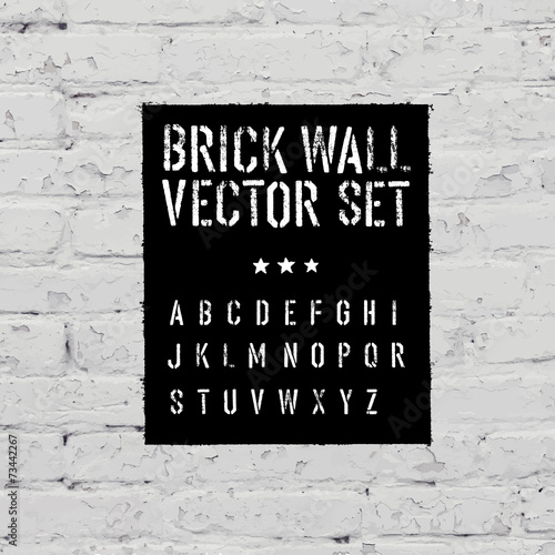 Brick traced texture, stencil alphabet and grunge rectangle. Thr