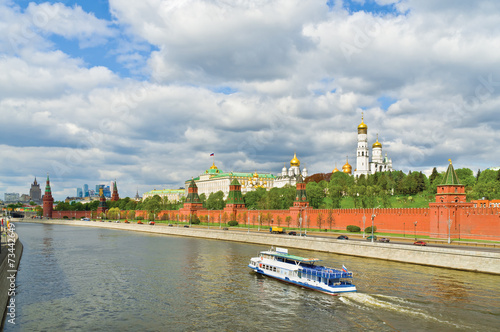 Pleasure boat on the Moskva River at Moscow Kremlin, Russia