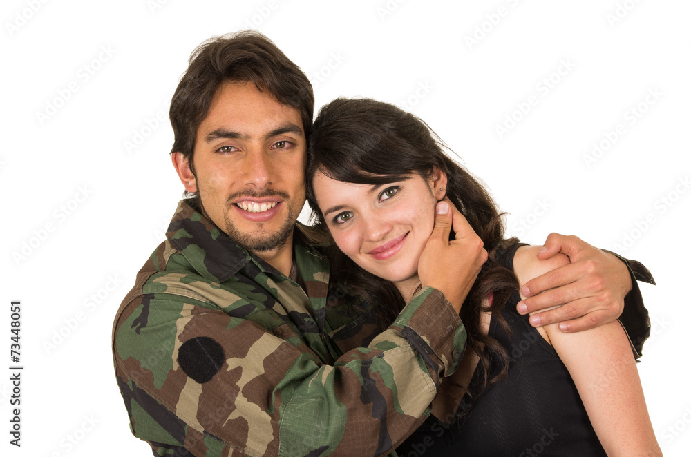 young military soldier returns to meet his wife girlfriend young military soldier returns to meet his wife girlfriend