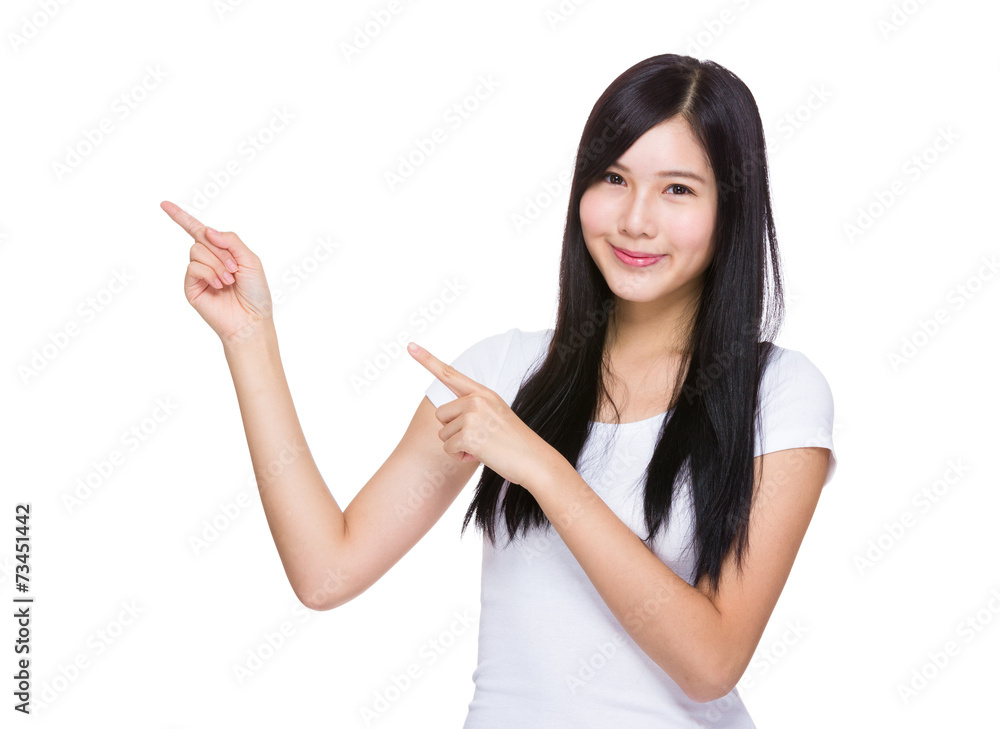 Woman with two finger point up Woman with two finger point up
