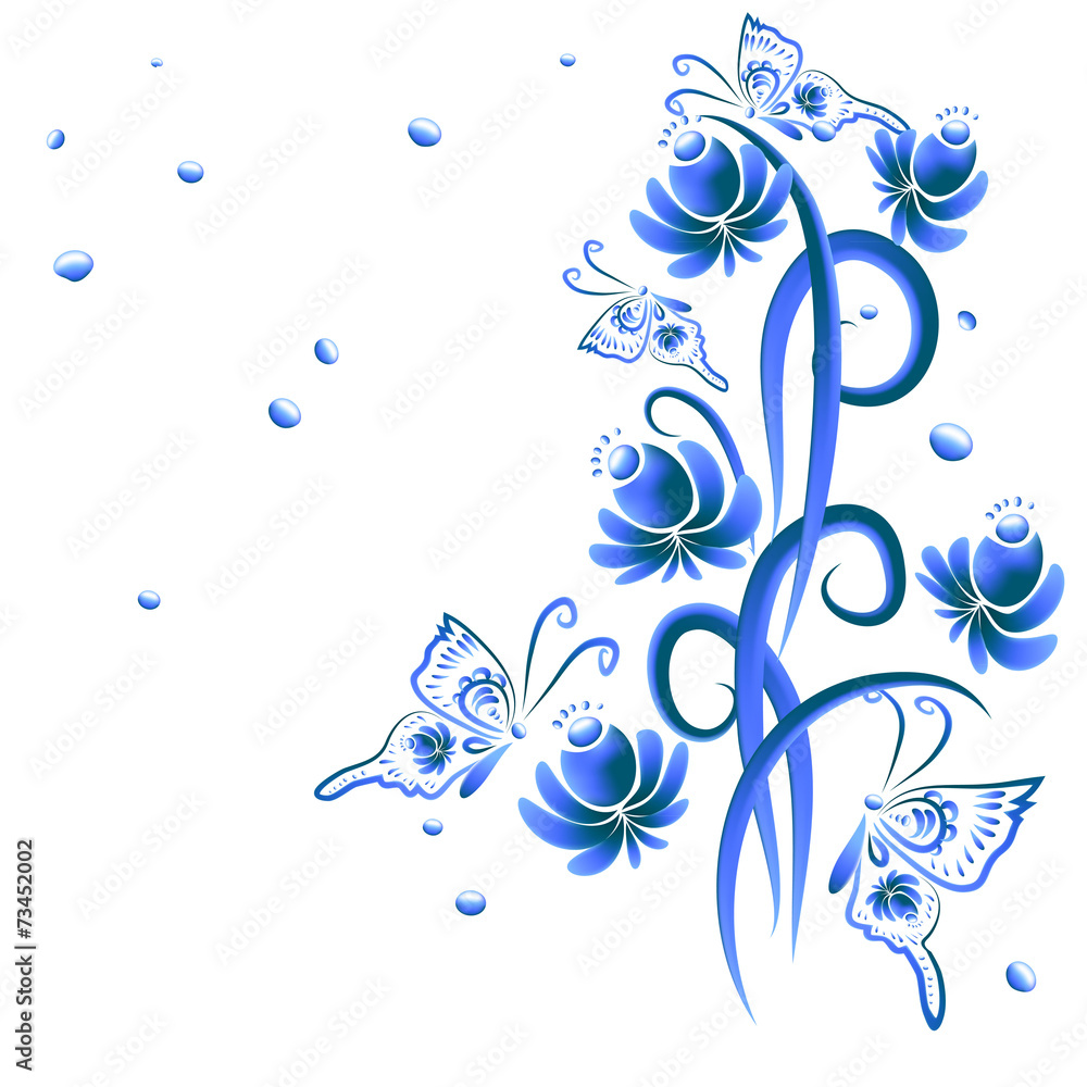 Illustration with floral ornament in blue tones Illustration with floral ornament in blue tones