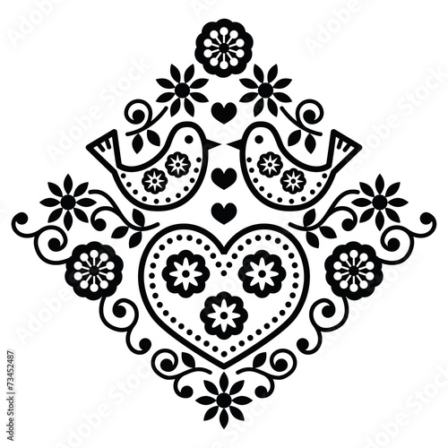 Canvas Print Folk art floral black vector pattern with birds