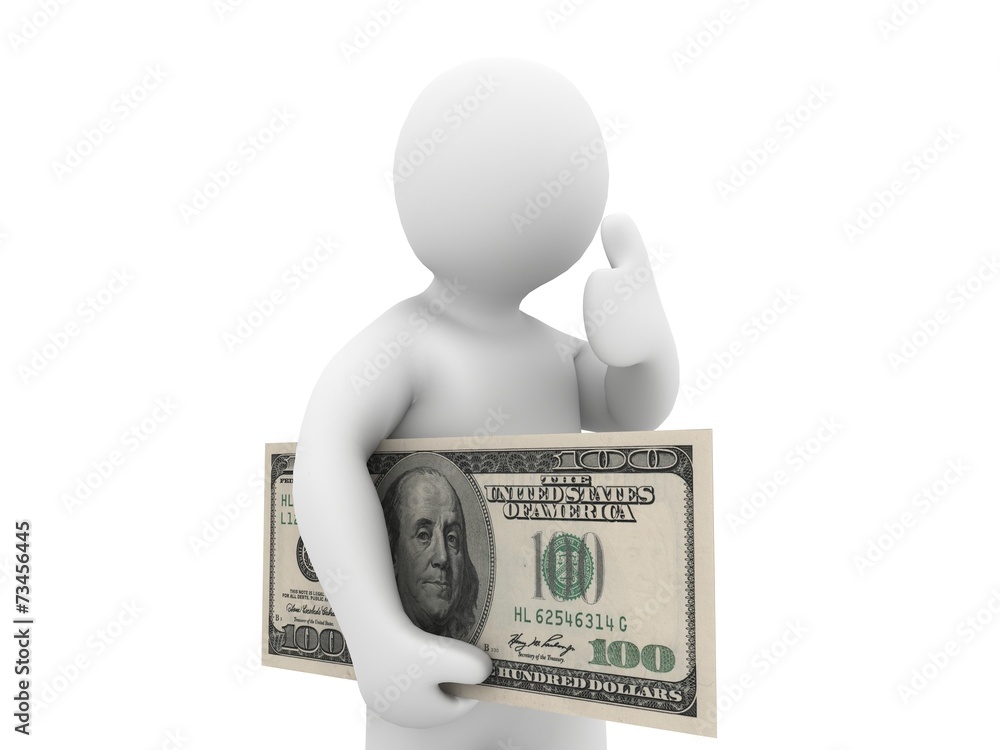 man with dollar showing thumbs up on white