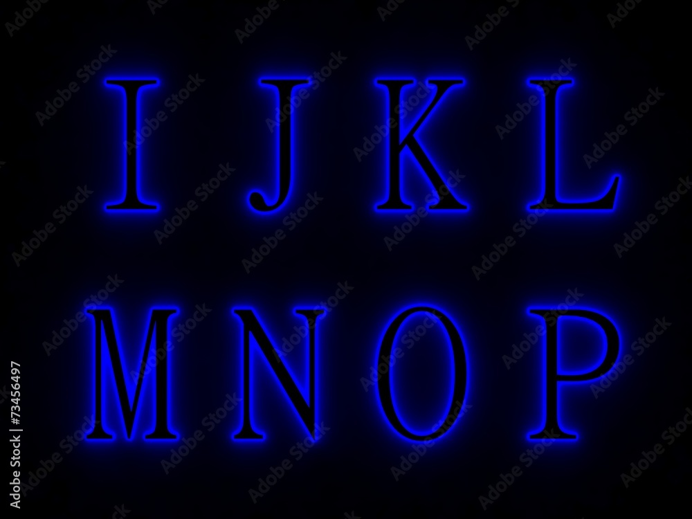 Blue neon signs with letters of the alphabet.