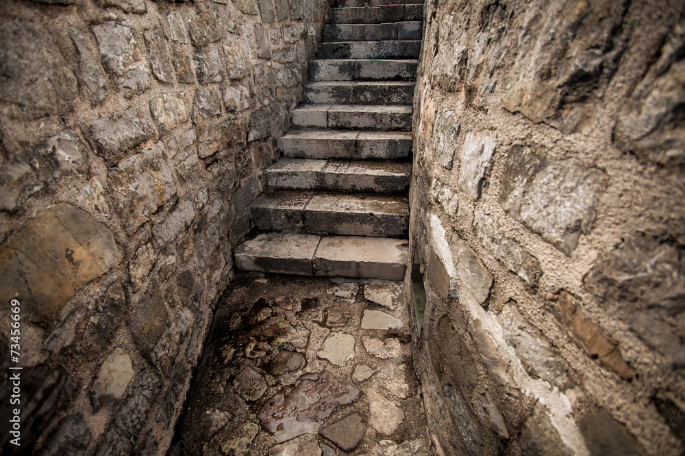 view of ancient stone stairway at castle