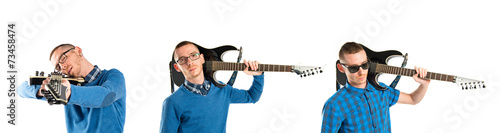 Young man with his guitar over white background