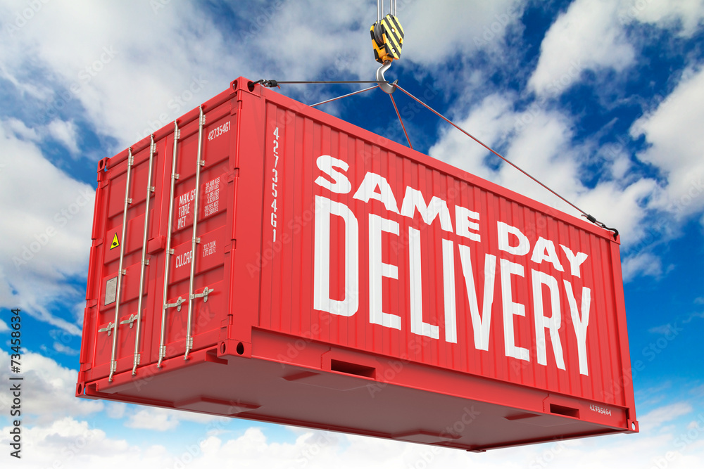 Naklejka premium Same Day Delivery - Red Hanging Cargo Container.