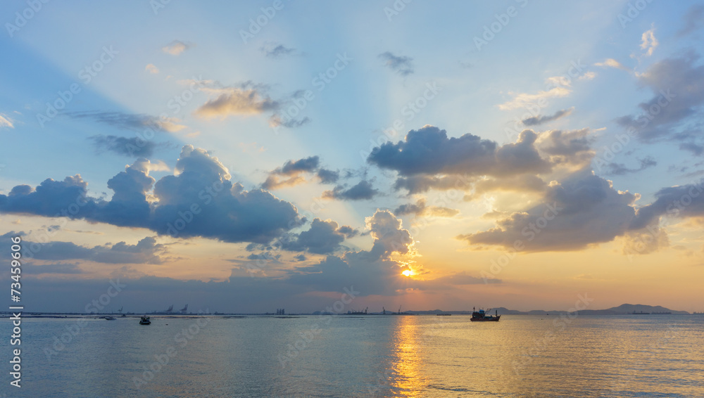fishing boat and sunset, with koh sichang and sriracha harbour fishing boat and sunset, with koh sichang and sriracha harbour