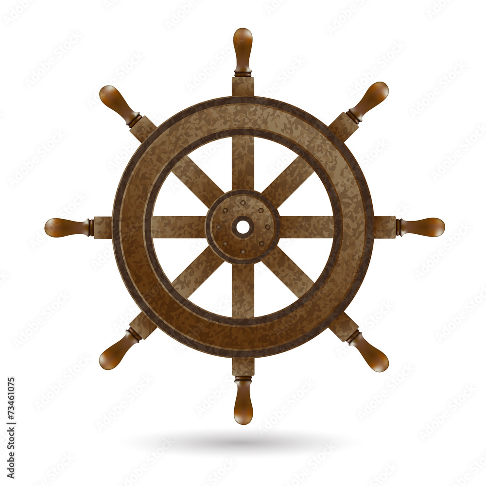 Wooden steering wheel of the ship.