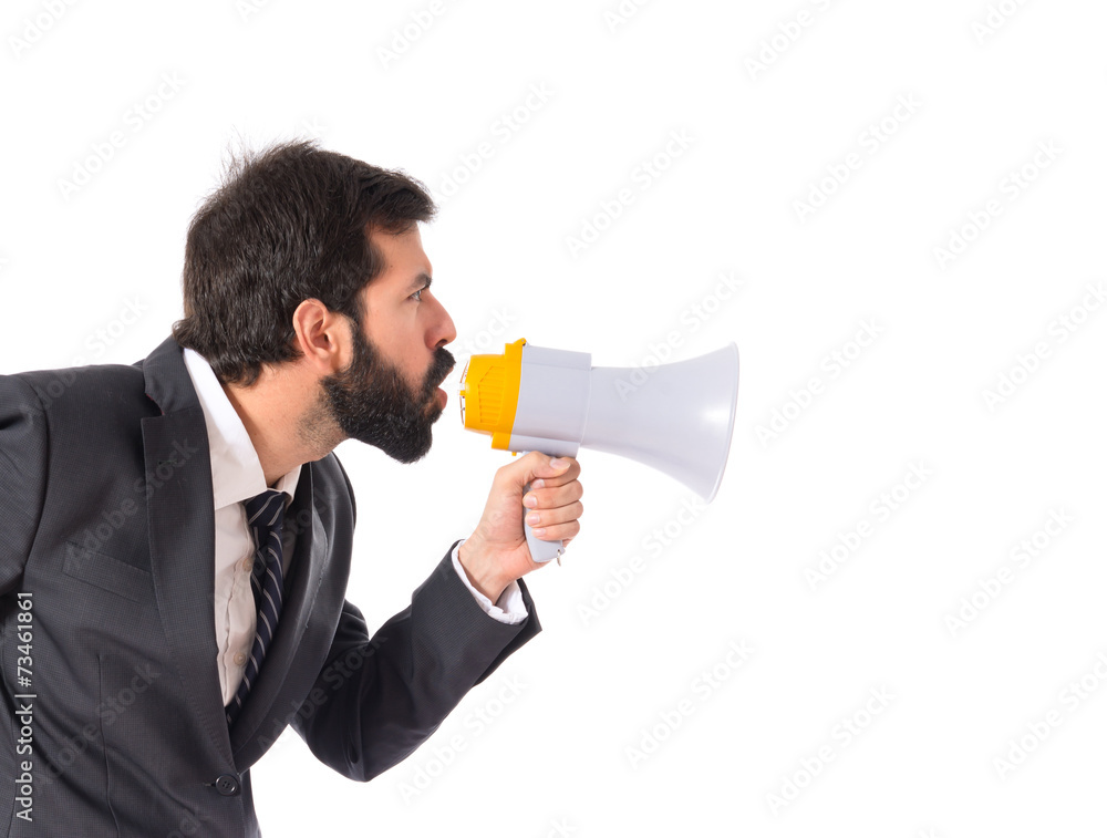 Businessman shouting over isolated white background Businessman shouting over isolated white background