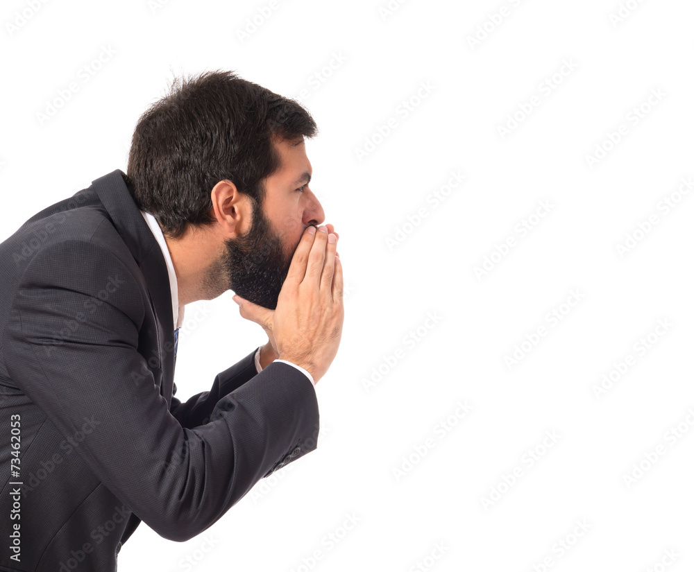 Businessman shouting over isolated white background Businessman shouting over isolated white background