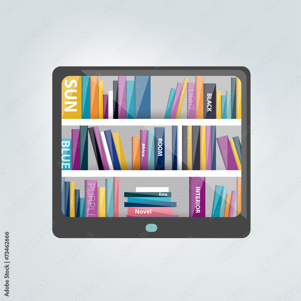 E-book reader with book shelf. E-book reader with book shelf.