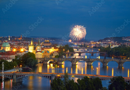 Prague after sunset with fireworks