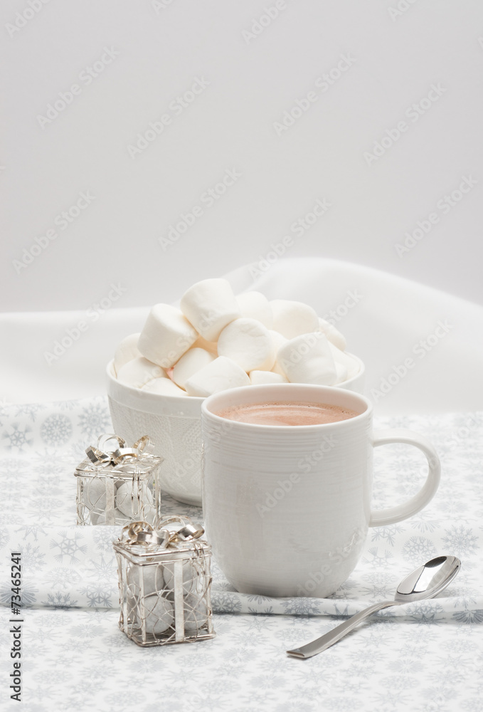 Mug Of Hot Chocolate. Marshmallows And Sweets. Christmas Decorat