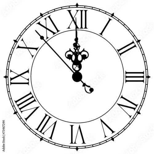 Image of an old antique wall clock 7 seconds to midnight or noon