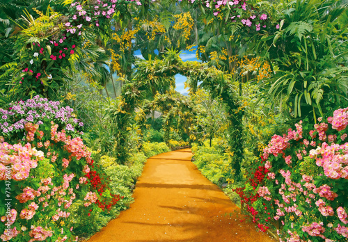 Fototapeta Naklejka Na Ścianę i Meble -  Alley of flowers in tropical garden