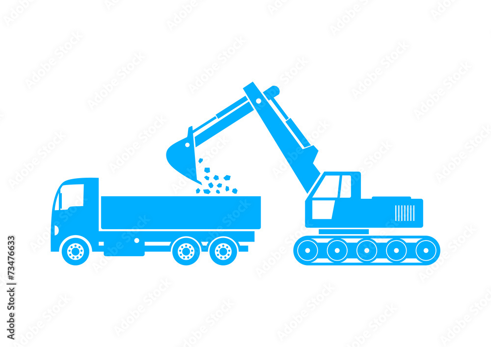 Blue truck and excavator on white background Blue truck and excavator on white background