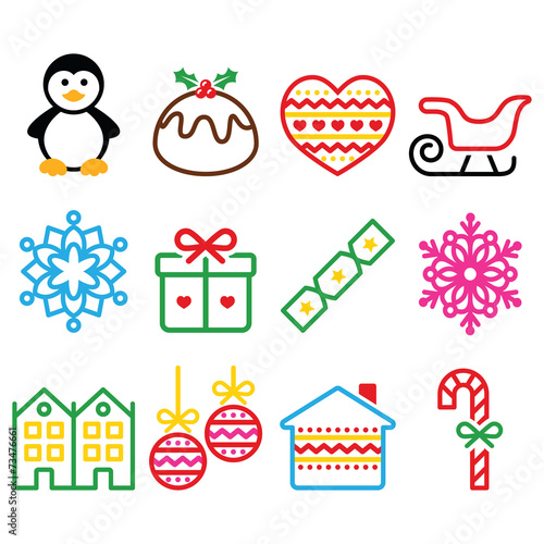 Christmas, winter icons with stroke - penguin, Christmas pudding