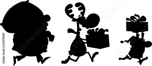 Black Santa Claus,Reindeer And Elf Running In Christmas Night