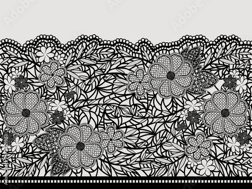 Lacy black seamless pattern of flower ribbon.