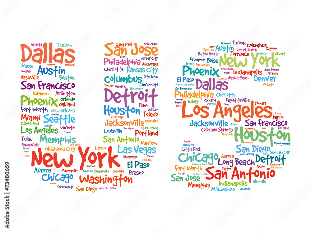 US Hand drawn letters with cities names words cloud, vector US Hand drawn letters with cities names words cloud, vector
