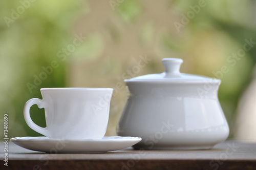 Coffee cup set with beautiful bokeh background.