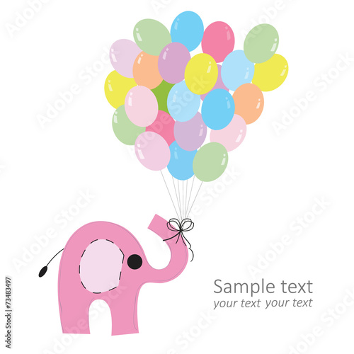 Pink elephant with colorful balloons baby greeting card vector