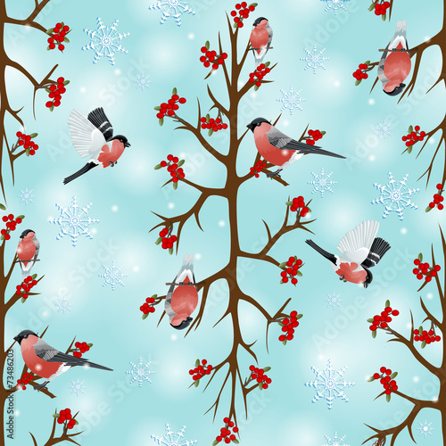 Seamless background with bullfinches sitting on branch