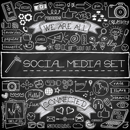 Doodle social media icons set with chalkboard effect