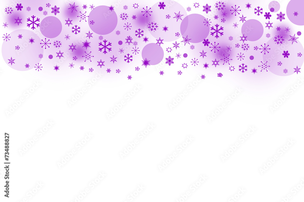 The purple blured balls and snowflakes on a white background