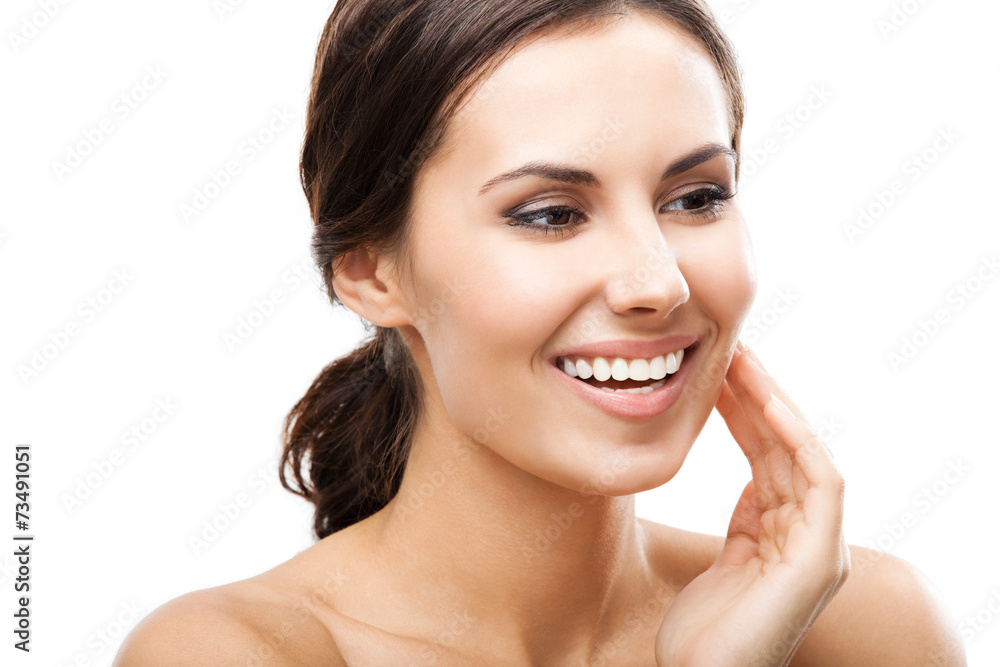 Woman touching skin or applying cream, isolated Woman touching skin or applying cream, isolated