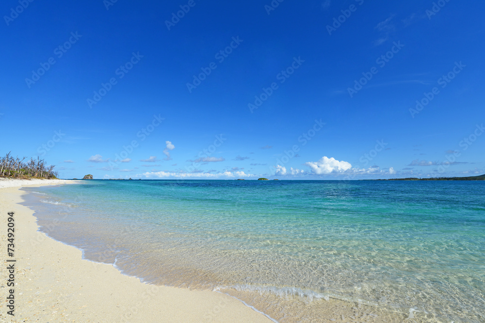 伊是名島の美しい珊瑚の海と夏空