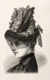 young woman wearing an elegant hat. vintage engraved illustratio