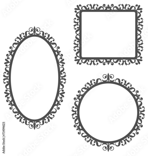 Three black vintage frames in different shapes isolated on white
