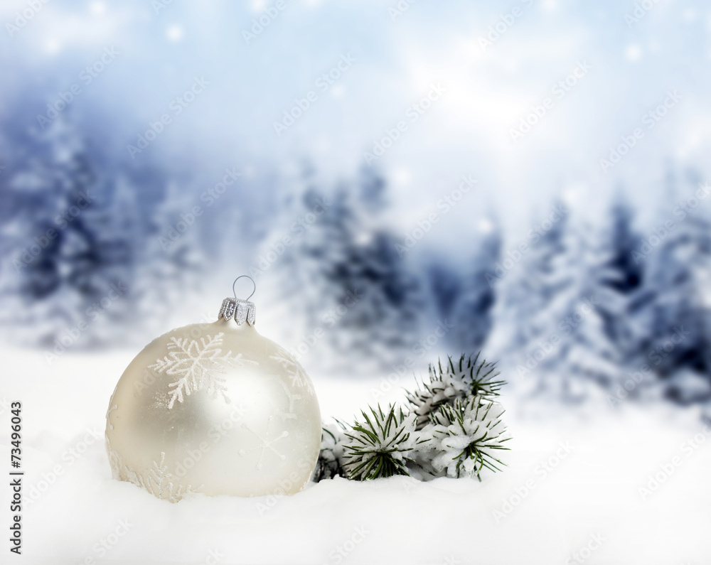 Christmas decorations and snowy winter landscape Christmas decorations and snowy winter landscape