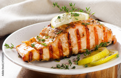 Grilled Salmon with lemon, olives and fresh thyme