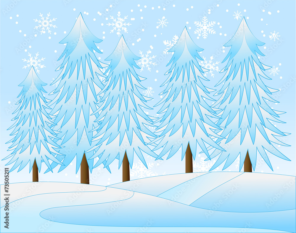 winter landscape with snow-bound trees,  vector  illustration