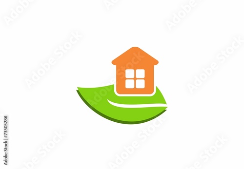 Green leaf, orange house,nature, fresh, logo, vector