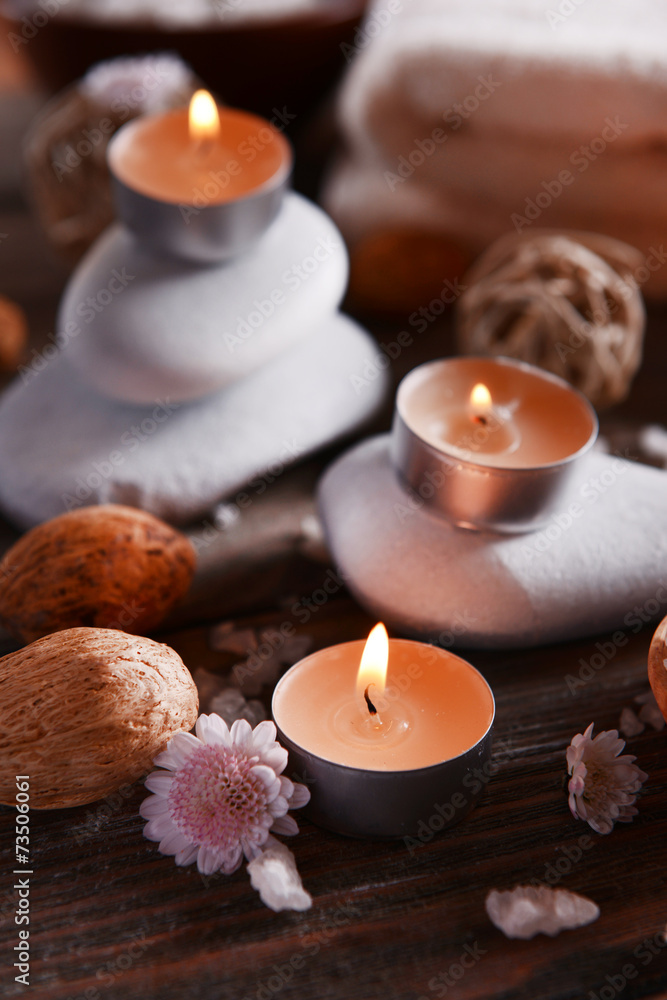 Composition of spa treatment on wooden background