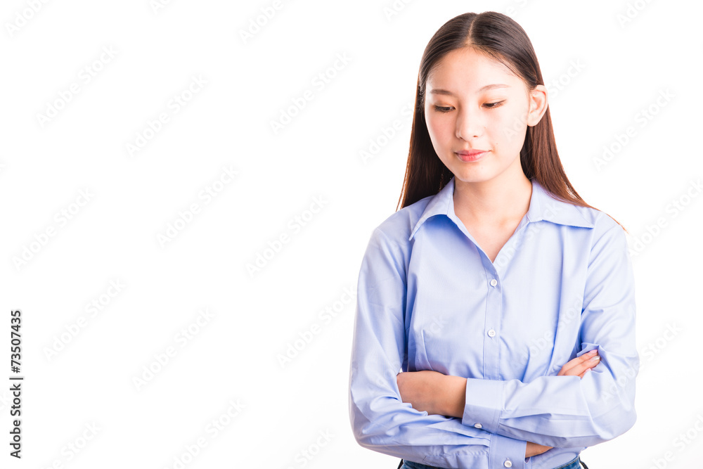 Young business woman standing isolated on white