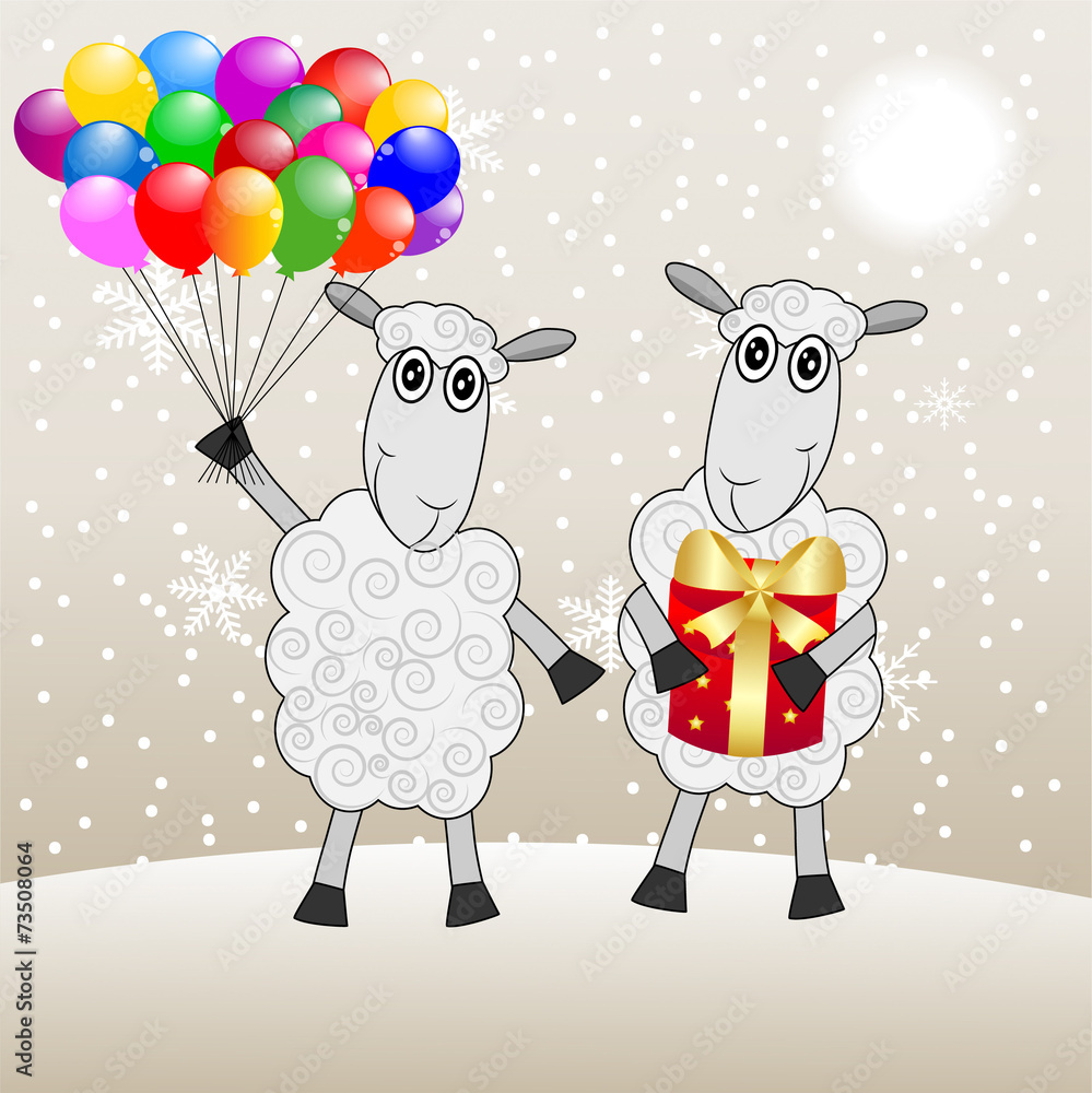 Naklejka premium two merry sheep with a gift and marbles