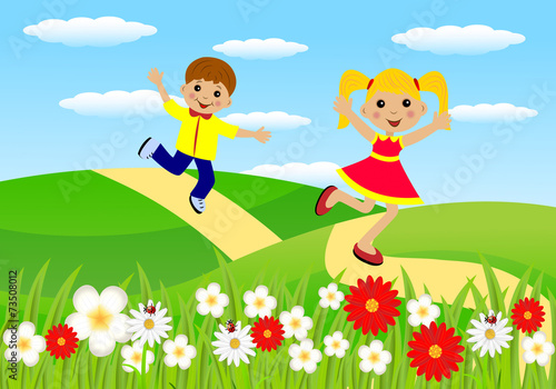 Wallpaper Mural merry girl and boy hurry on a path Torontodigital.ca